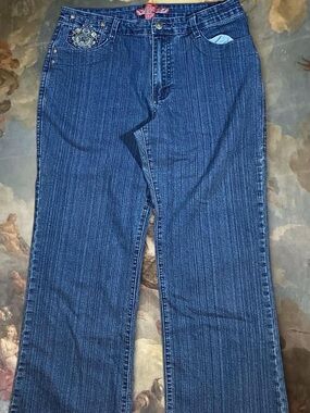 Blue Striped Denim Jeans with Embroidered Pocket Detail